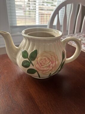 Cream Ceramic Teapot with Hand-Painted Pink Rose and Green Leaves